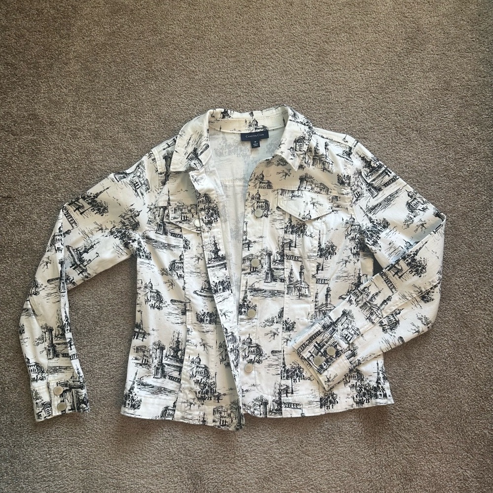 Charter Club Black and White Jean Jacket Newspaper Print